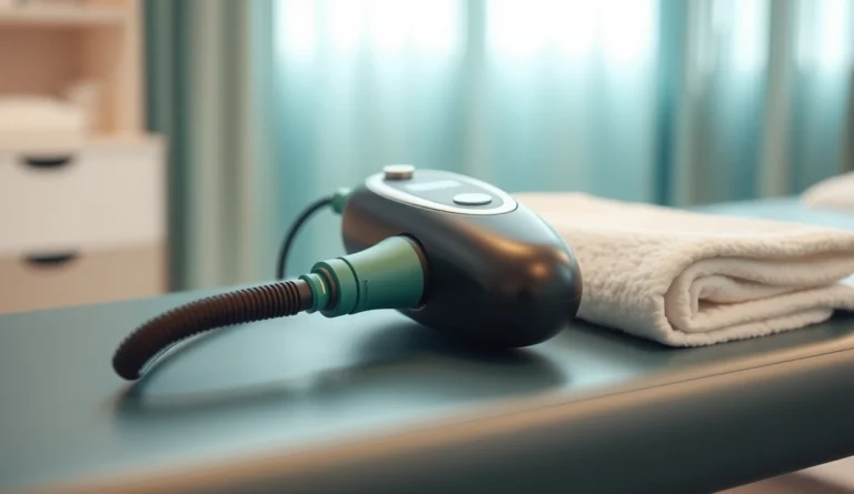 Aparelho de terapia por ondas de choque sobre a maca de um consultório em Goiânia