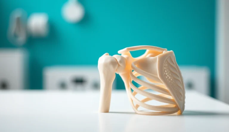 Modelo anatômico da articulação do ombro sobre a mesa do consultório