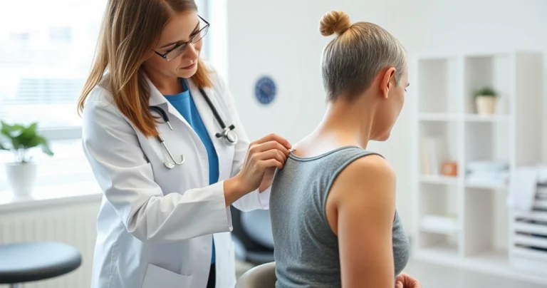 Médica aplicando agulha de acupuntura no ombro de paciente sentada, em consultório