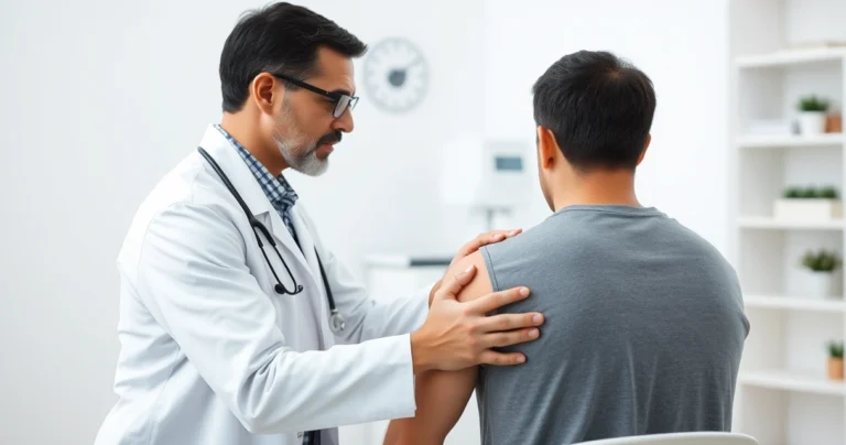 Médico examinando a articulação do ombro de um paciente sentado no consultório