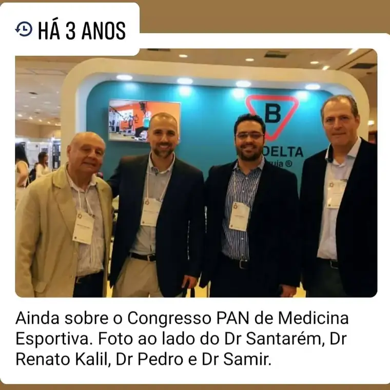 Dr. Pedro Paulo Prudente ao lado dos médicos Santarém, Renato Kalil e Samir no Congresso Pan-Americano de Medicina Esportiva